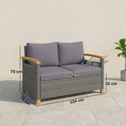 OUTSUNNY 2 Seater Rattan Garden Sofa with Acacia Wood Armrests in Dark Grey - thumbnail 3