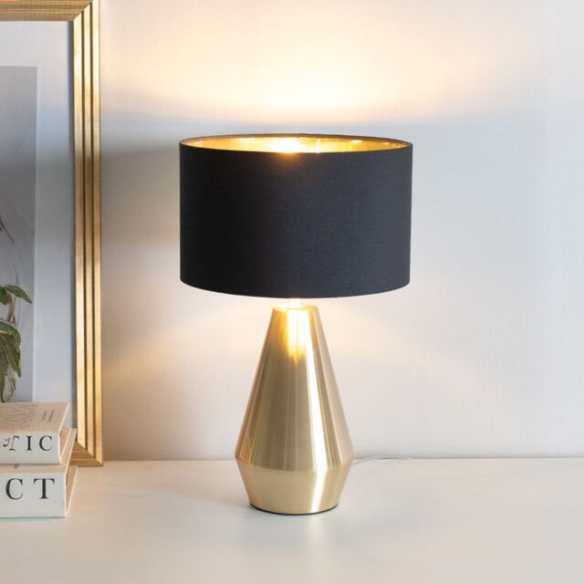 ValueLights Jax Gold Dimmable Touch Table Lamp with Fabric Drum & Gold Inner Shade & Bulb in Black - image 1