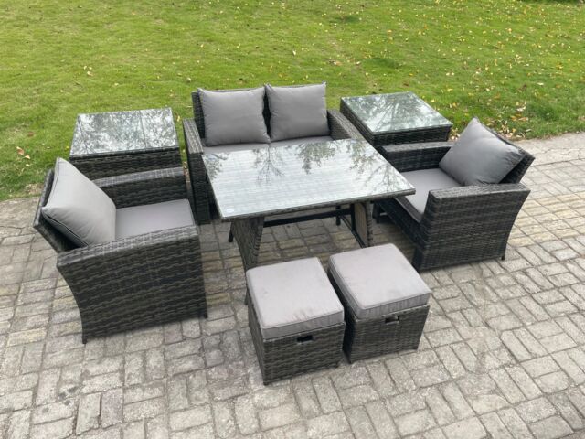 Fimous Rattan Wicker Garden Furniture Patio Conservatory Sofa Set with Rectangular Dining Table Armchair 2 Seater Sofa in Dark Grey