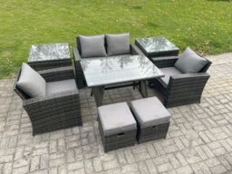 Fimous Rattan Wicker Garden Furniture Patio Conservatory Sofa Set with Rectangular Dining Table Armchair 2 Seater Sofa in Dark Grey - thumbnail 1