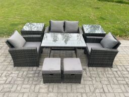 Fimous Rattan Wicker Garden Furniture Patio Conservatory Sofa Set with Rectangular Dining Table Armchair 2 Seater Sofa in Dark Grey - thumbnail 2