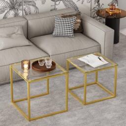 Huhote Nesting Tables 2 Set Glass Top Metal Frame End Table for Living Room in Gold - thumbnail 4