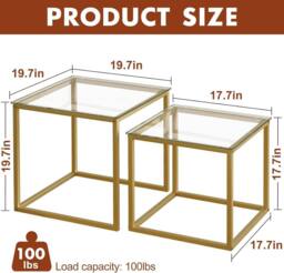 Huhote Nesting Tables 2 Set Glass Top Metal Frame End Table for Living Room in Gold - thumbnail 3