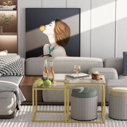 Huhote Nesting Tables 2 Set Glass Top Metal Frame End Table for Living Room in Gold - thumbnail 8