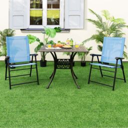 Gymax Set of 4 Patio Folding Dining Chairs Outdoor Portable Sling Back Chairs in Blue - Size: 4 Pack - thumbnail 3