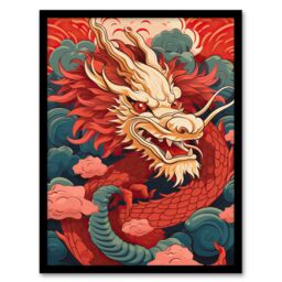 Artery8 Wall Art Print Fantasy Dragon Red Blue Ornate Mythical 2024 China Year Of The Dragon Art Framed - Size: A4 - thumbnail 1