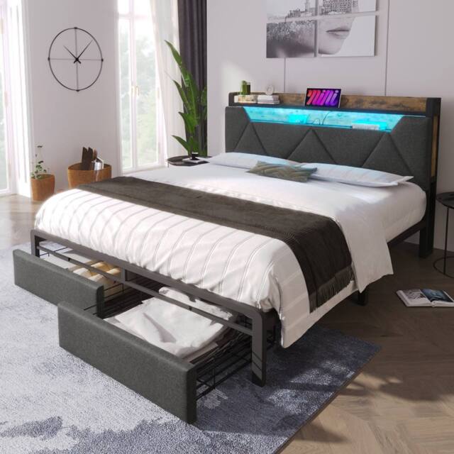 BTM LED Linen Bed with USB-C Charging & Storage Headboard in Grey - Size: Double - image 1
