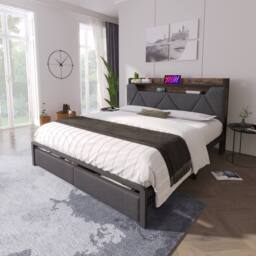 BTM LED Linen Bed with USB-C Charging & Storage Headboard in Grey - Size: Double - thumbnail 6