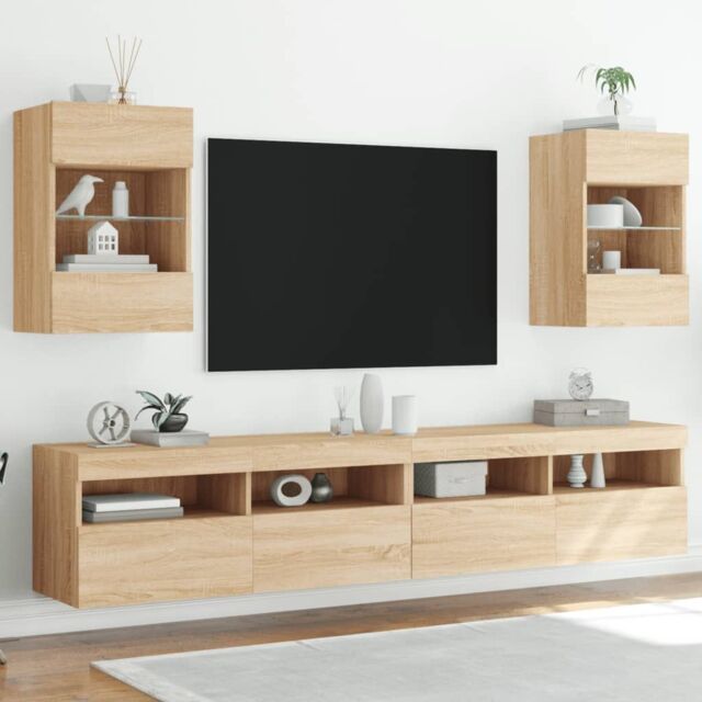 Berkfield Home TV Wall Cabinets with LED Lights 2 pcs Sonoma Oak 40x30x60.5 cm in Brown - image 1