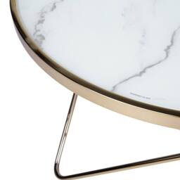 Wyld and Coco 80cm Round Marble-Effect Glass Coffee Table with Gold Hairpin Legs in White - thumbnail 3