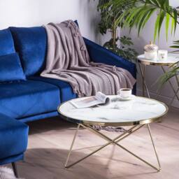 Wyld and Coco 80cm Round Marble-Effect Glass Coffee Table with Gold Hairpin Legs in White - thumbnail 1
