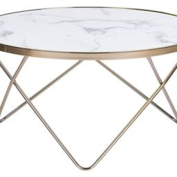Wyld and Coco 80cm Round Marble-Effect Glass Coffee Table with Gold Hairpin Legs in White - thumbnail 2