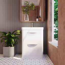 Balterley Wave 600mm Floor Standing 2 Drawer Unit & Ceramic Basin - Gloss White - thumbnail 2