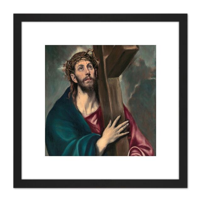 Artery8 El Greco Christ Carrying Cross Painting 8X8 Inch Square Wooden Framed Wall Art Print Picture with Mount in Black - image 1