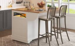 BTM Serving Cart with Drop-Leaf Table & LED, Kitchen Island in White - thumbnail 9