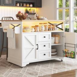 BTM Serving Cart with Drop-Leaf Table & LED, Kitchen Island in White - thumbnail 5