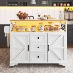BTM Serving Cart with Drop-Leaf Table & LED, Kitchen Island in White - thumbnail 7