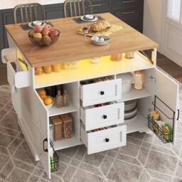 BTM Serving Cart with Drop-Leaf Table & LED, Kitchen Island in White - thumbnail 3