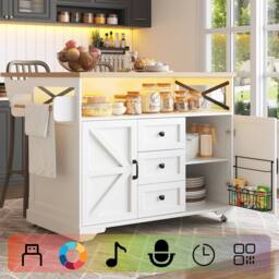 BTM Serving Cart with Drop-Leaf Table & LED, Kitchen Island in White - thumbnail 1