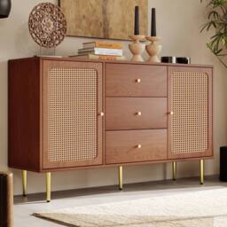 HomeTouch Rattan Sideboard with Drawers Walnut Effect Side Cabinet Chest of Drawers in Brown - Size: 1 Pack - thumbnail 2