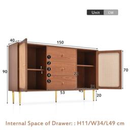 HomeTouch Rattan Sideboard with Drawers Walnut Effect Side Cabinet Chest of Drawers in Brown - Size: 1 Pack - thumbnail 7