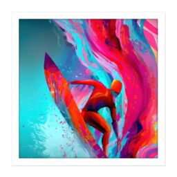 Artery8 Wall Art Print Surfer Riding Wave Sea Abstract Vibrant Bright Watercolour Surfing Pink Turquoise Water Sport Square Framed Picture 16X16 Inch - thumbnail 1