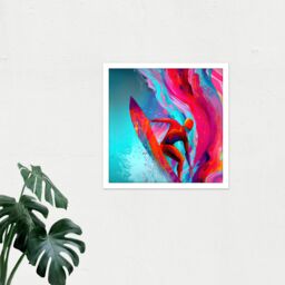Artery8 Wall Art Print Surfer Riding Wave Sea Abstract Vibrant Bright Watercolour Surfing Pink Turquoise Water Sport Square Framed Picture 16X16 Inch - thumbnail 2