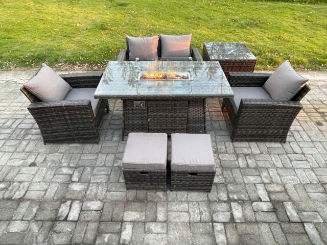 Fimous 6 Seater Outdoor Rattan Sofa Set Garden Furniture Gas Firepit Dining Table Heater with Side Table in Dark Grey
