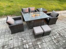 Fimous 6 Seater Outdoor Rattan Sofa Set Garden Furniture Gas Firepit Dining Table Heater with Side Table in Dark Grey - thumbnail 2