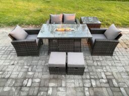 Fimous 6 Seater Outdoor Rattan Sofa Set Garden Furniture Gas Firepit Dining Table Heater with Side Table in Dark Grey - thumbnail 1