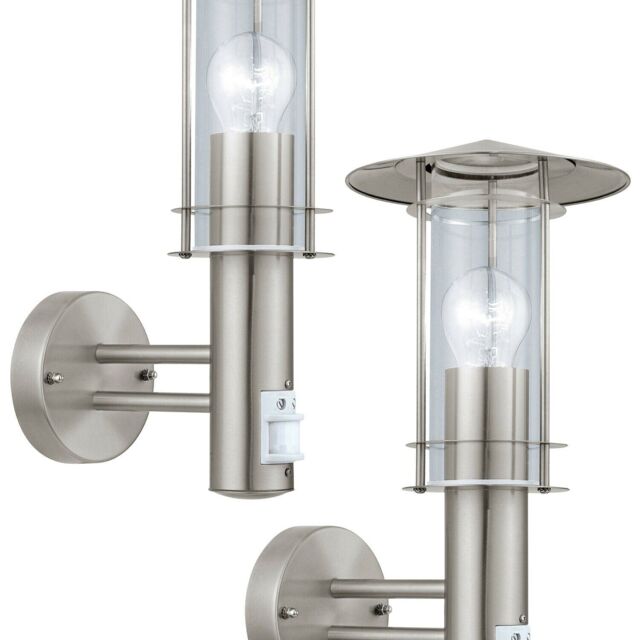 Loops 2 PACK IP44 Outdoor Wall Light & PIR Sensor Stainless Steel Lantern 60W E27 in Metallics - image 1