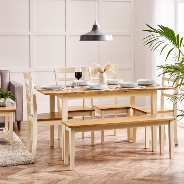 FurnitureboxUK Salcombe Extending Rectangular Wooden Table with 4 Whitby Chairs & 1 Large Bench in Cream - image 1