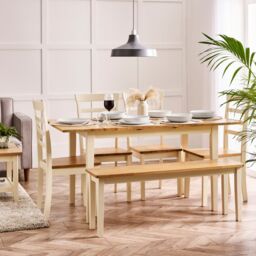 FurnitureboxUK Salcombe Extending Rectangular Wooden Table with 4 Whitby Chairs & 1 Large Bench in Cream - thumbnail 1
