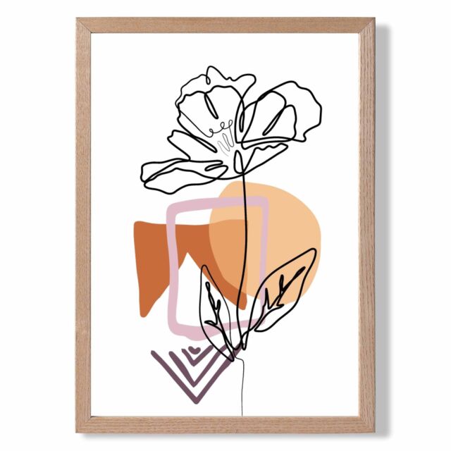 ARTZE Rose Floral Line Art with Boho Purple & Orange Shapes Framed Print SIZE: A4 with Oak Frame - image 1