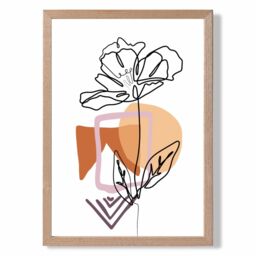 ARTZE Rose Floral Line Art with Boho Purple & Orange Shapes Framed Print SIZE: A4 with Oak Frame