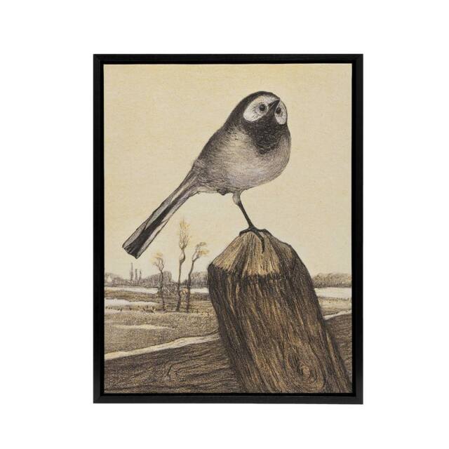 "Artery8 Wagtail Bird Perched on Pole Framed Canvas Wall Art Print van Hoytema in Brown - Size: W12"" x H16""" - image 1