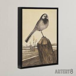 "Artery8 Wagtail Bird Perched on Pole Framed Canvas Wall Art Print van Hoytema in Brown - Size: W12"" x H16""" - thumbnail 2