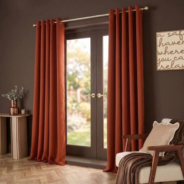 OHS Pair of Thermal Ready Made Eyelet Blackout Curtains in Burnt Orange - Size: 168 cm width x 183 cm drop - image 1