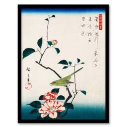 Artery8 Utagawa Hiroshige Framed Wall Art Print Camellia & Nightingale in Blue - Size: A4 - thumbnail 1