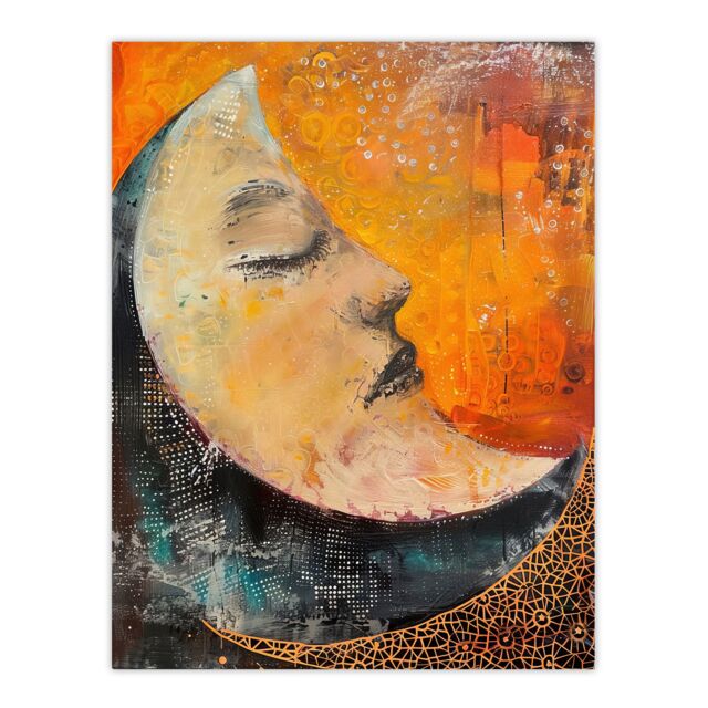 "Artery8 Sleeping Crescent Moon Abstract Oil Painting Wall Art Print in Orange - Size: W18"" x H24""" - image 1