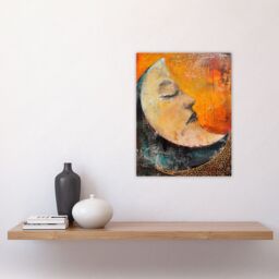 "Artery8 Sleeping Crescent Moon Abstract Oil Painting Wall Art Print in Orange - Size: W18"" x H24""" - thumbnail 4