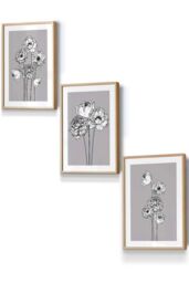 ARTZE Sketch Art Peonies on Grey Framed Wall Art - Small in Light Oak - Size: W33 cm x H45 cm x D20mm
