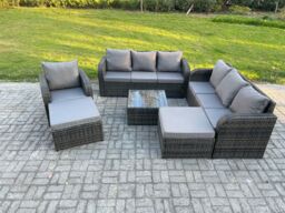 Fimous 9 Seater Outdoor Rattan Garden Furniture Set Conservatory Patio Sofa Coffee Table With 2 Big Footstool Dark Grey Mixed - thumbnail 2