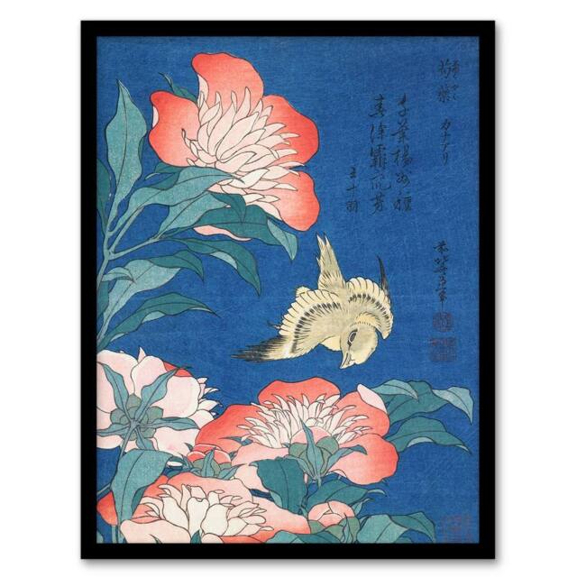 Artery8 Canary & Peony Flowers Japan Framed Wall Art Print Katsushika Hokusai in Blue - Size: A4 - image 1