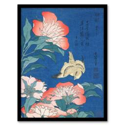 Artery8 Canary & Peony Flowers Japan Framed Wall Art Print Katsushika Hokusai in Blue - Size: A4 - thumbnail 1
