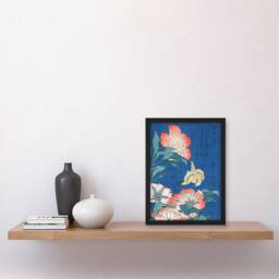 Artery8 Canary & Peony Flowers Japan Framed Wall Art Print Katsushika Hokusai in Blue - Size: A4 - thumbnail 4