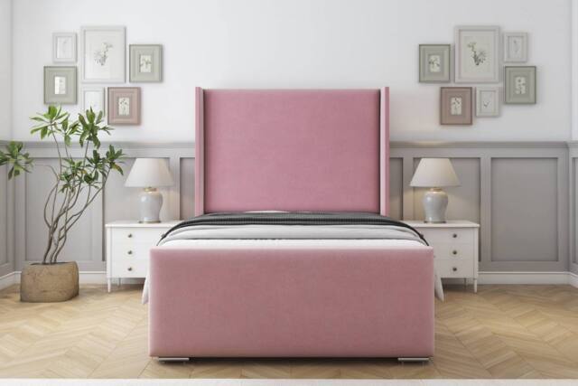 "Sloomy Devonshire Plush Bed Frame With 50"" Upholstered Wingback Headboard in Pink - Size: Super King" - image 1
