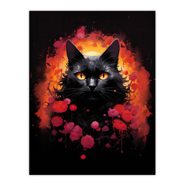 "Artery8 Wall Art Print Black Cat Lover Gift Pet Portrait Red Roses Orange Flames Artwork Painting Poster - Size: W24"" x H32""" - image 1