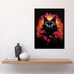 "Artery8 Wall Art Print Black Cat Lover Gift Pet Portrait Red Roses Orange Flames Artwork Painting Poster - Size: W24"" x H32""" - thumbnail 4