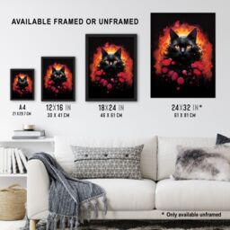 "Artery8 Wall Art Print Black Cat Lover Gift Pet Portrait Red Roses Orange Flames Artwork Painting Poster - Size: W24"" x H32""" - thumbnail 3